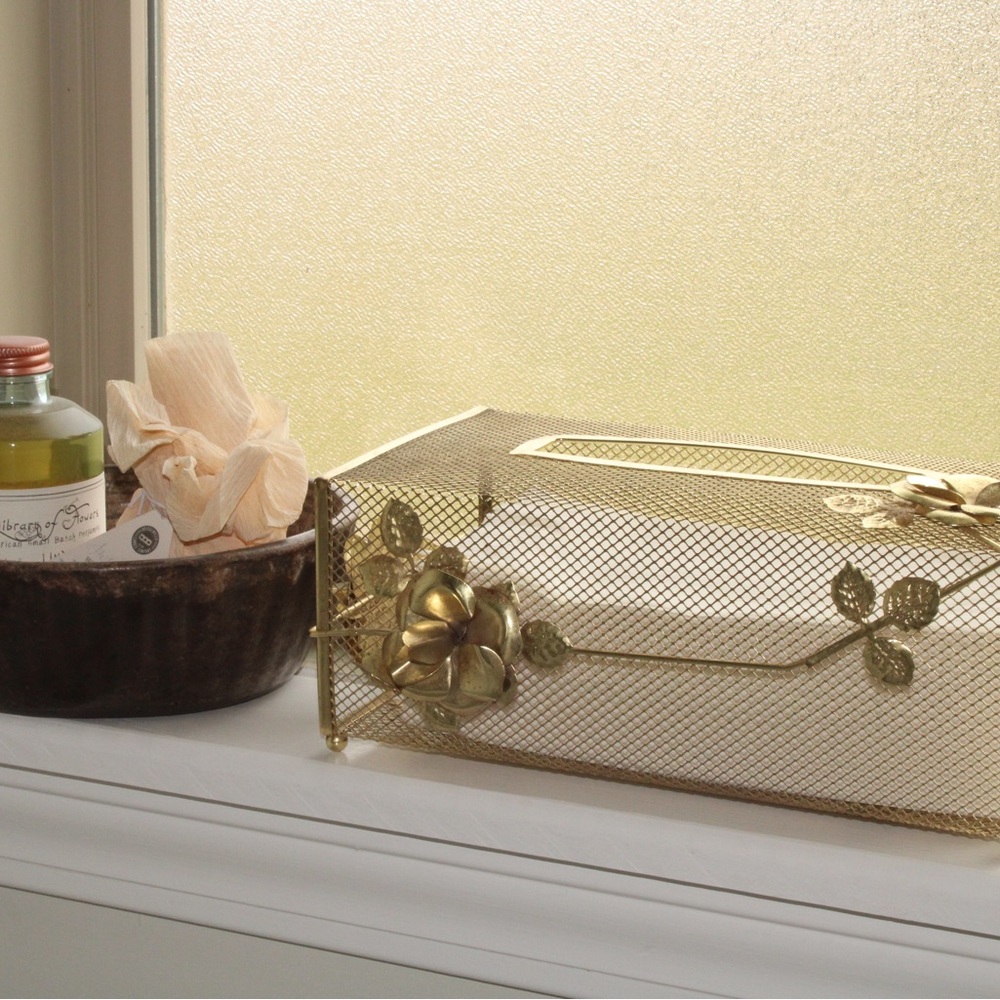 Vintage Hollywood Regency Gold Floral Mesh Tissue Box